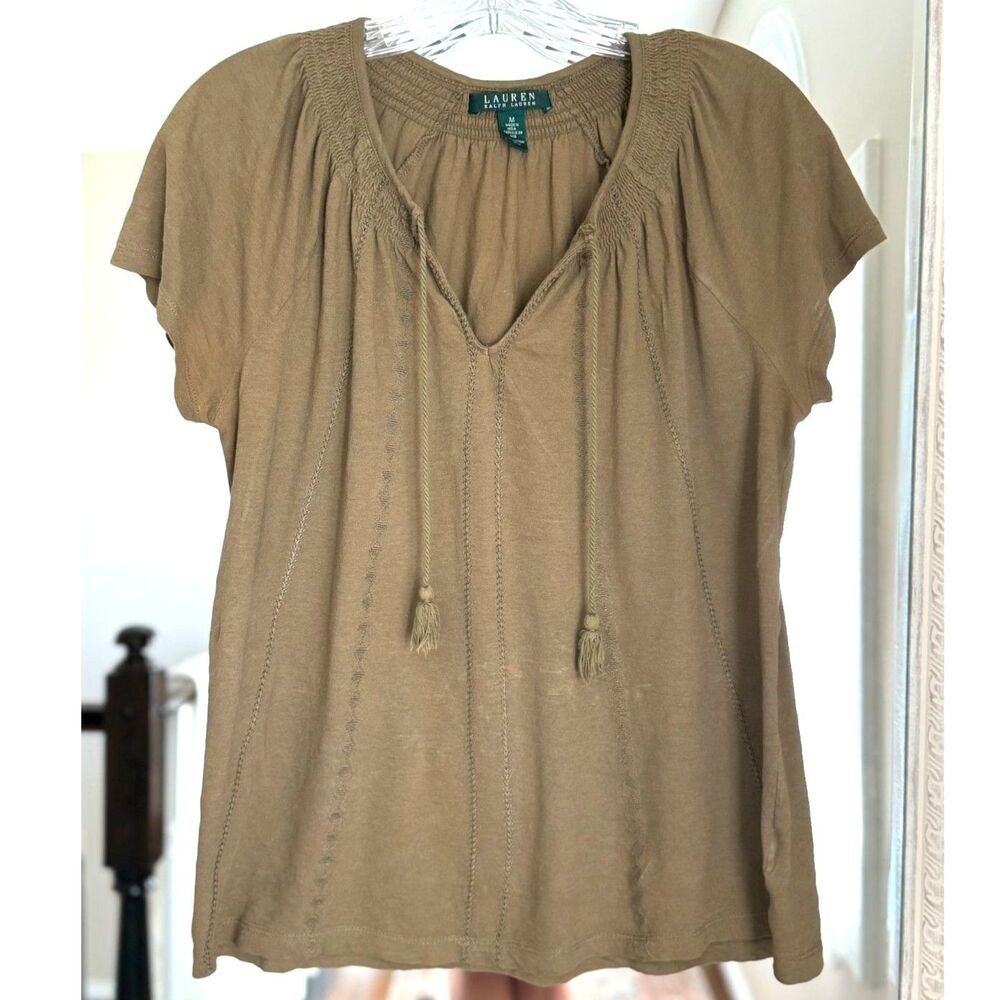 Boho Lauren Ralph Lauren Olive Peasant Top, Minimalist, Quiet Luxury, festival - Picture 2 of 5
